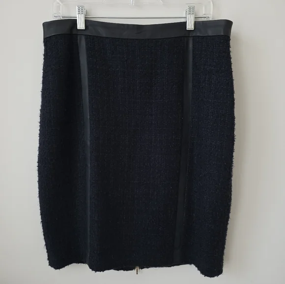 CLUB MONACO | Tweed Pencil Skirt Navy Wool Black Faux Leather Sz 12 - Picture 2 of 6